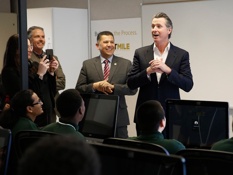 Gov. Gavin Newsom addresses youthful offenders taking a computer coding class at the O.H. Close Youth Correctional Facility (Rich Pedroncelli | AP Photo)